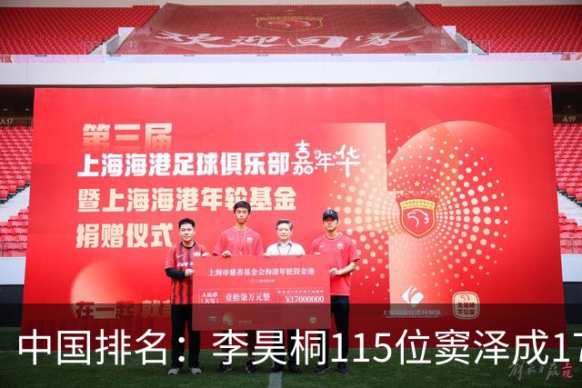 中国排名：李昊桐115位窦泽成174位 袁也淳上升32位